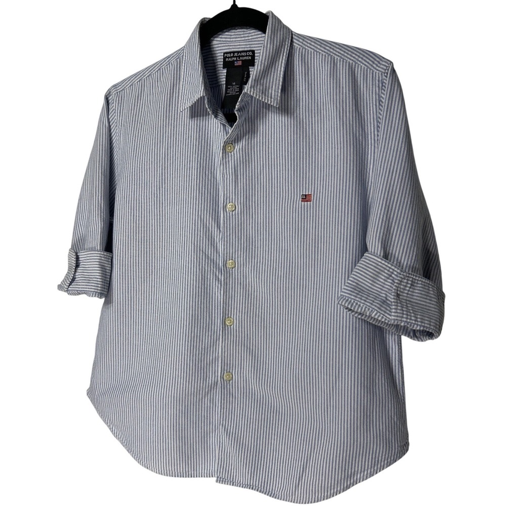 Polo Jeans Co Ralph Lauren Boys Blue White Striped Button Down Shirt Slim Fit 14